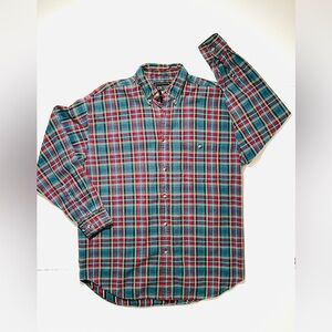 Men's Vintage Plaid Button-Down Flannel Shirt in Reds & Blues